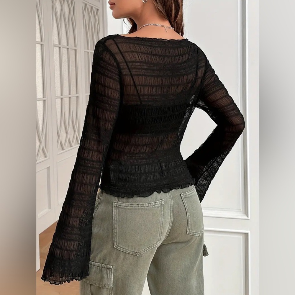 160. Black Mesh Bell Sleeve Top - Picture 3 of 3